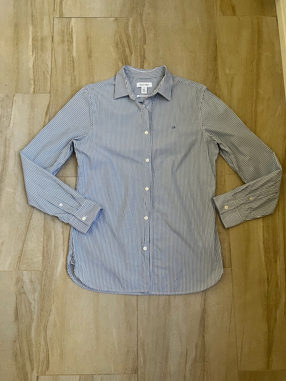 Calvin Klein Blue and White Narrow Stripe Dress Shirt